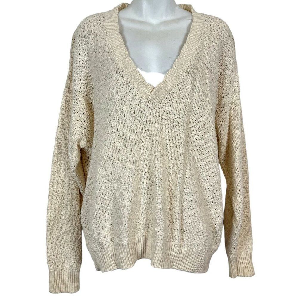 Jantzen Vintage Pointelle Cottagecore Scalloped V-Neck Long Sleeve Sweater XL